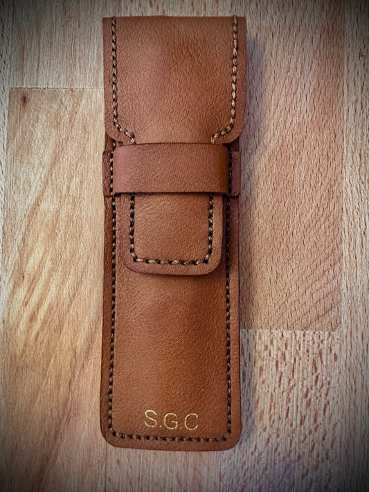 Leather Pen Holder with fold over fastening - Hand Stitched